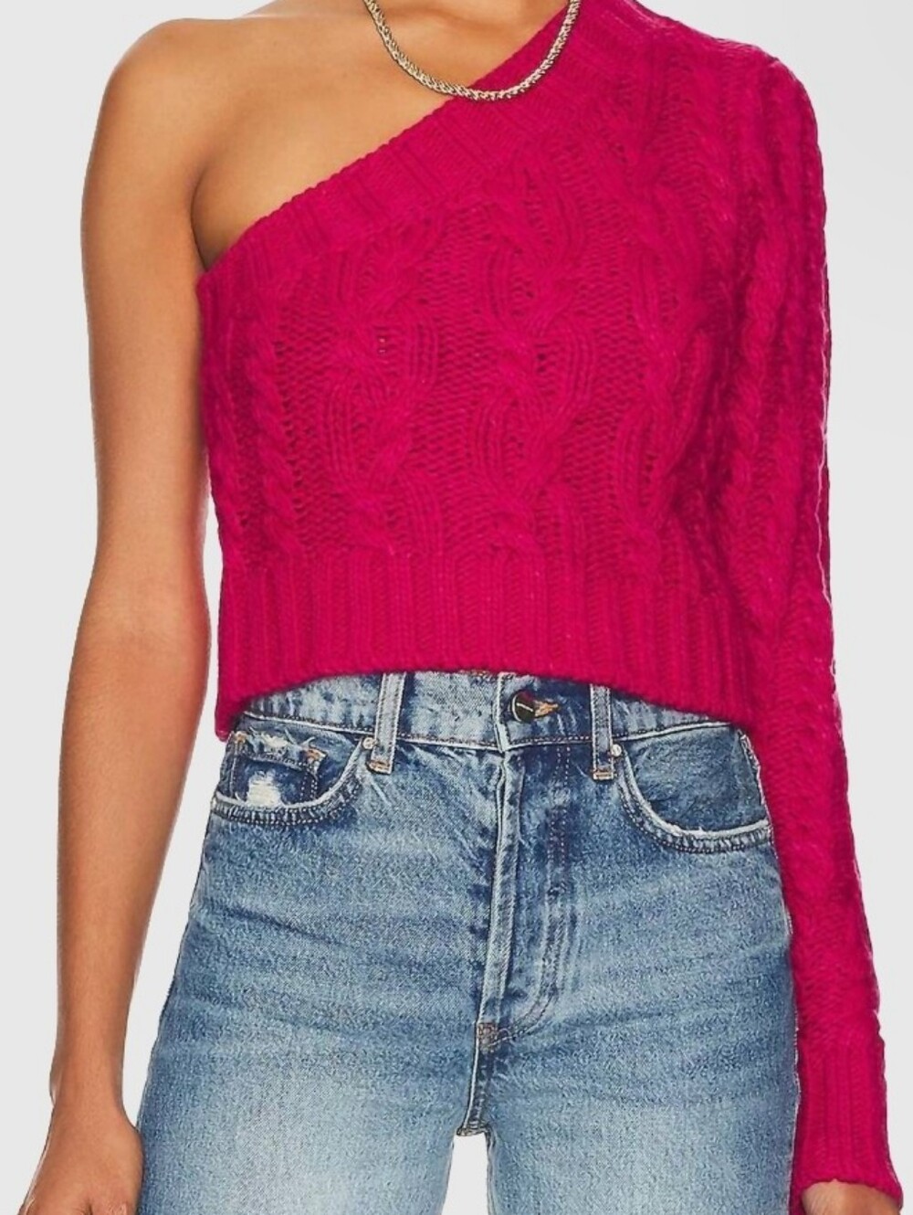 NWT For Love & Lemons Quinn One Shoulder Cable Knit Sweater Pink S